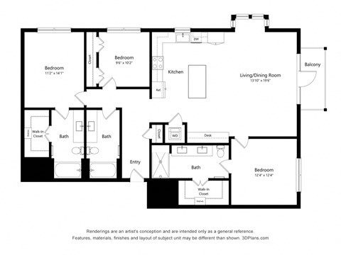 Floor plan for 3 beds, 3 baths, 1583 sqft